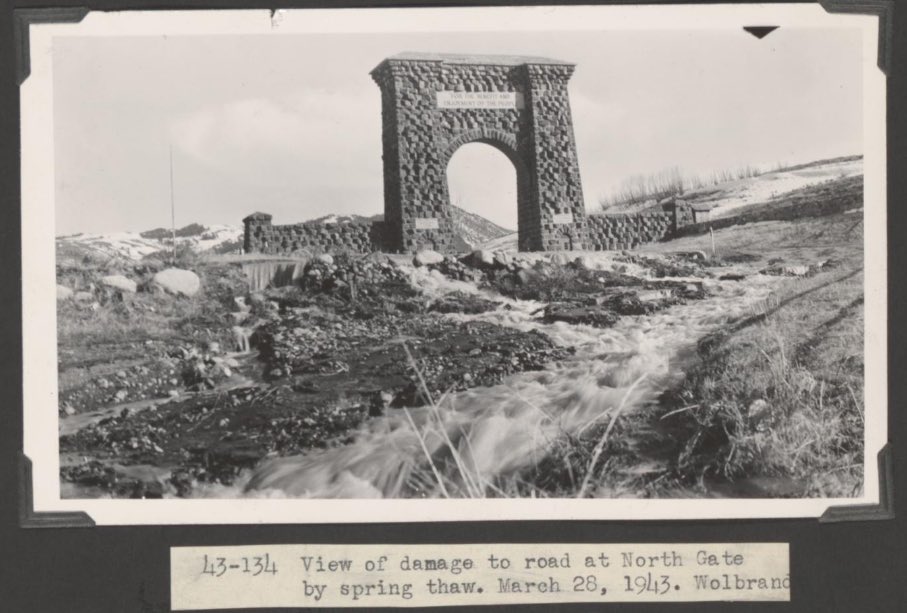 Spring thaw at Roosevelt Arch, March 28, 1943.  #OldYellowstone