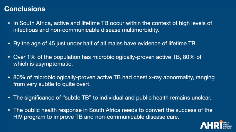 Next up we have @emilybethwong speaking on @AHRI_News 'Vukuzazi' project.

🔹Over 1% of the population - active TB
🔹Over 80% of people w/ definite TB were asymptomatic, but had some (varying from subtle to overt) degree of CXR abnormality.

#WorldTBDay #TheClockIsTicking @UCLTB