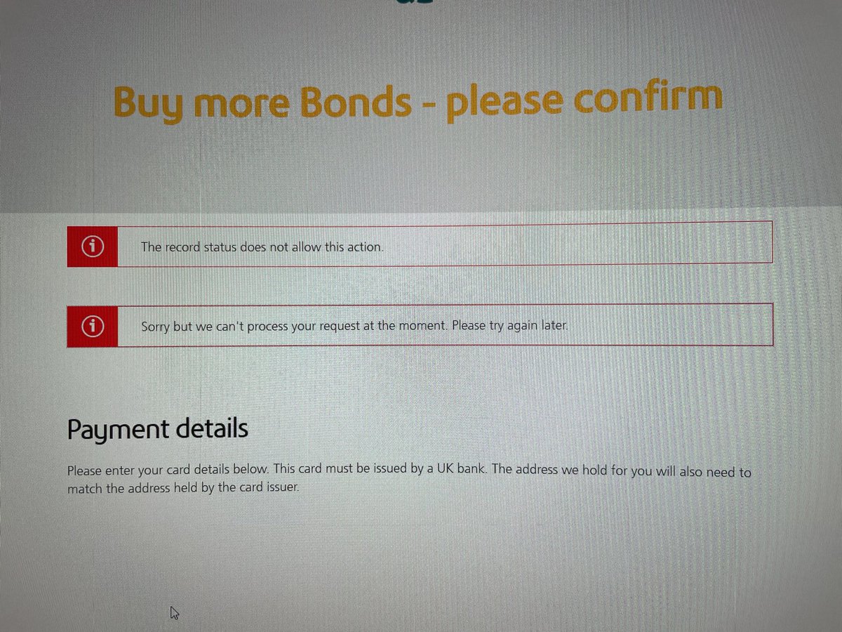 lordsauce's tweet photo. @nsandihelp I’m trying to buy premium bonds but getting this message after my bank has approved the transaction - please could you explain what it means? https://t.co/uFFslYyOTX