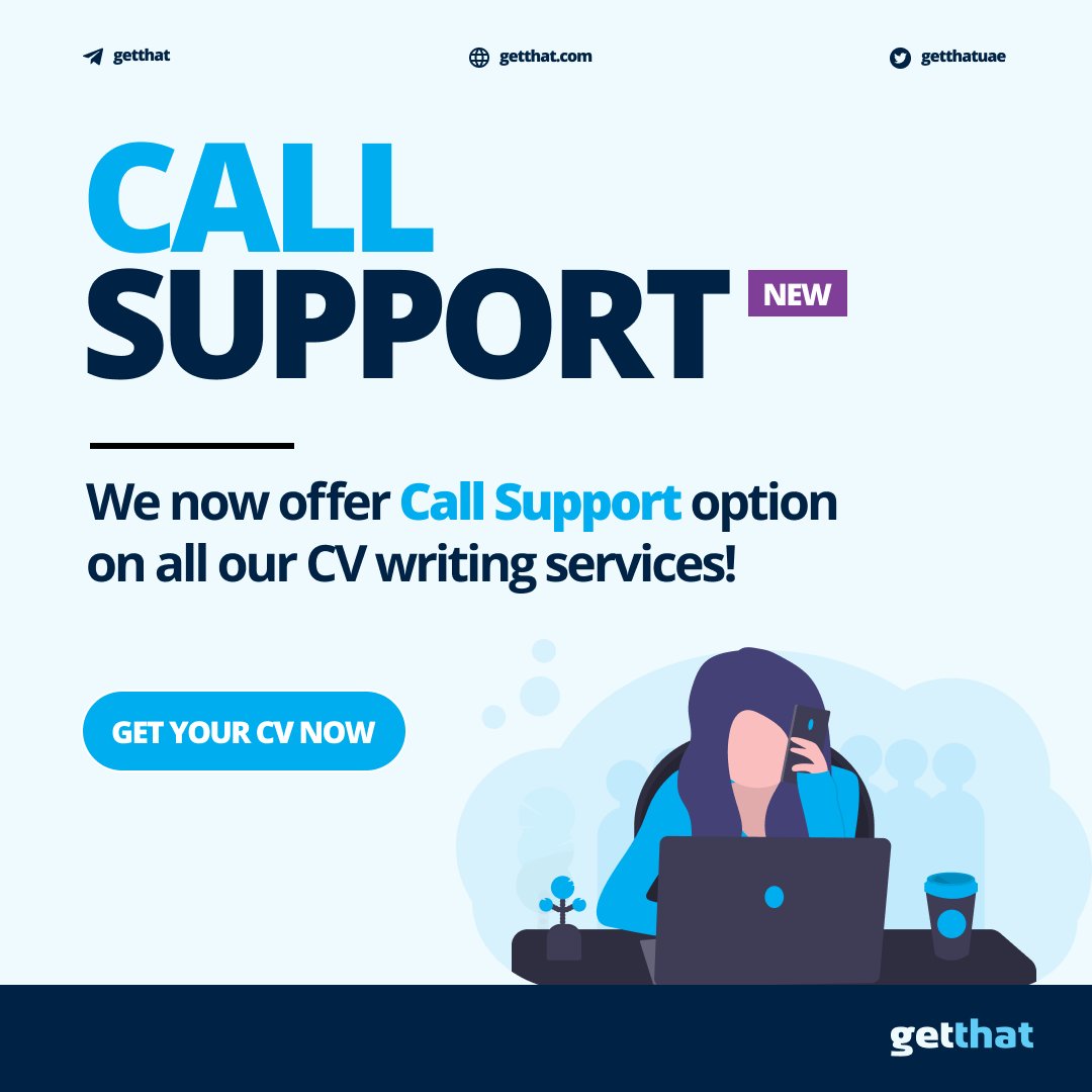 getthatUAE's tweet photo. Introducing out new feature - CV writing services now with Call Support option for our users who would prefer to speak directly to their writers! What's more? Call support gives you access to 3 calls with your writer on Skype, Botim, Zoom or Google Meet at any stage of the order. https://t.co/n2QpbhQGFr