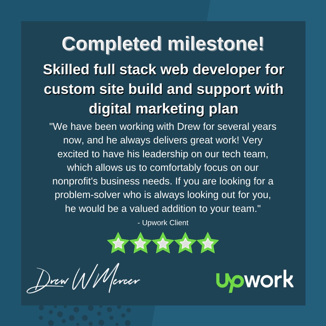 DrewWMercer's tweet image. Another 5-star milestone complete! Looking forward to the next step. 
 · 💻 ·
#triplecrowncreative #nonprofit #upwork #freelancer  #wordpress #wgu #webdevelopment #gigeconomy #digitalnomad #webdev #seo #wgunightowl #bscs #agency #computerscience #wgunc #plan #wgualumni #wgugrad