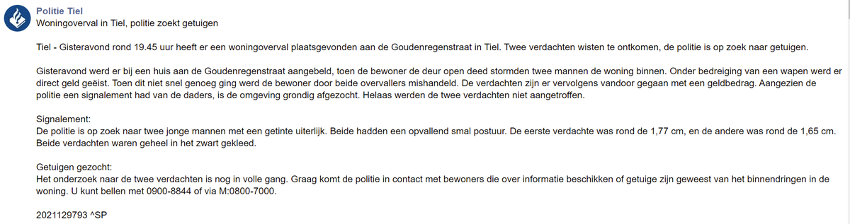 Melding politie Goudenregenstraat Tiel