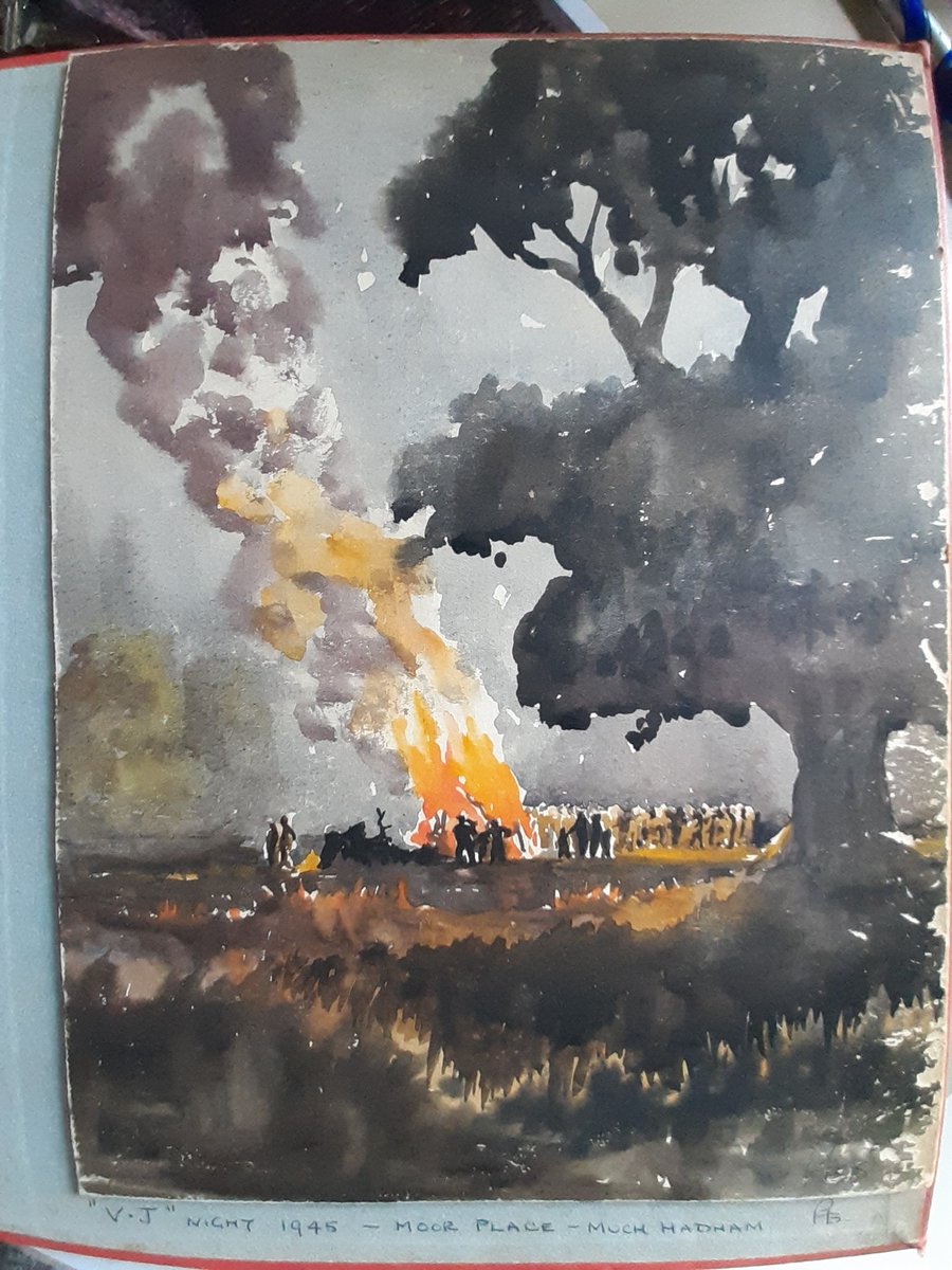 HadhamMuseum's tweet photo. It's #MuseumSnap day with @LancasterMuseum and others! This week's theme is all things #FIRE . This fire party was held at Moor Place in #Hadham to celebrate VJ Day in 1945. Painted for posterity in the WI album. #MyLocalMuseum #MuseumsFromHome #MuseumsTogether #Hertfordshire https://t.co/DerTDsJA3k