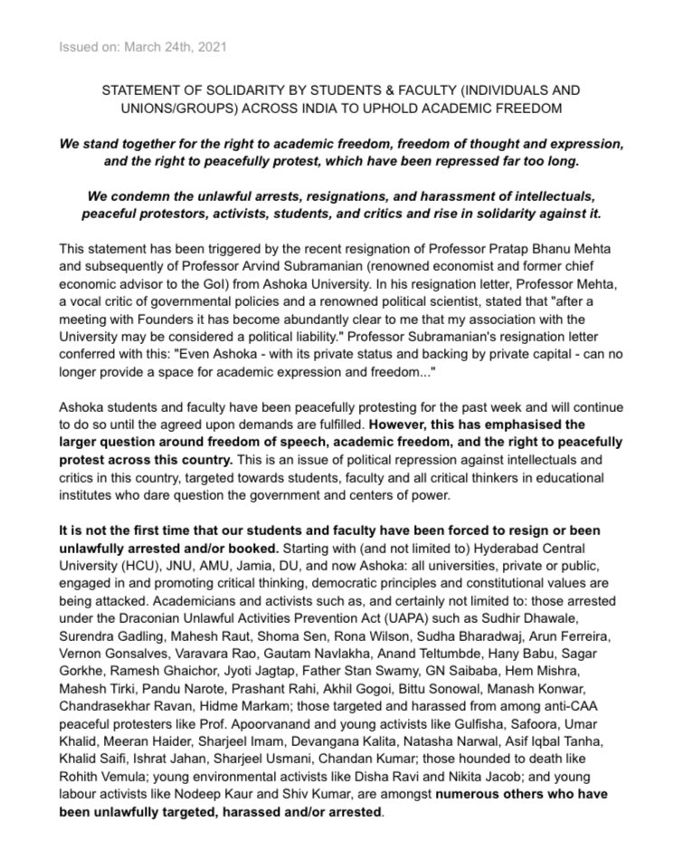 pusu2019's tweet photo. Statement of Solidarity by Students and Faculty across India to uphold Academic Freedom, in context of the recent events at Ashoka Uniersity.Presidency University Students' Union is also in solidarity and has signed the Statement. 

#AcademicFreedom #AshokaForAcademicFreedom https://t.co/nRyq87zREZ