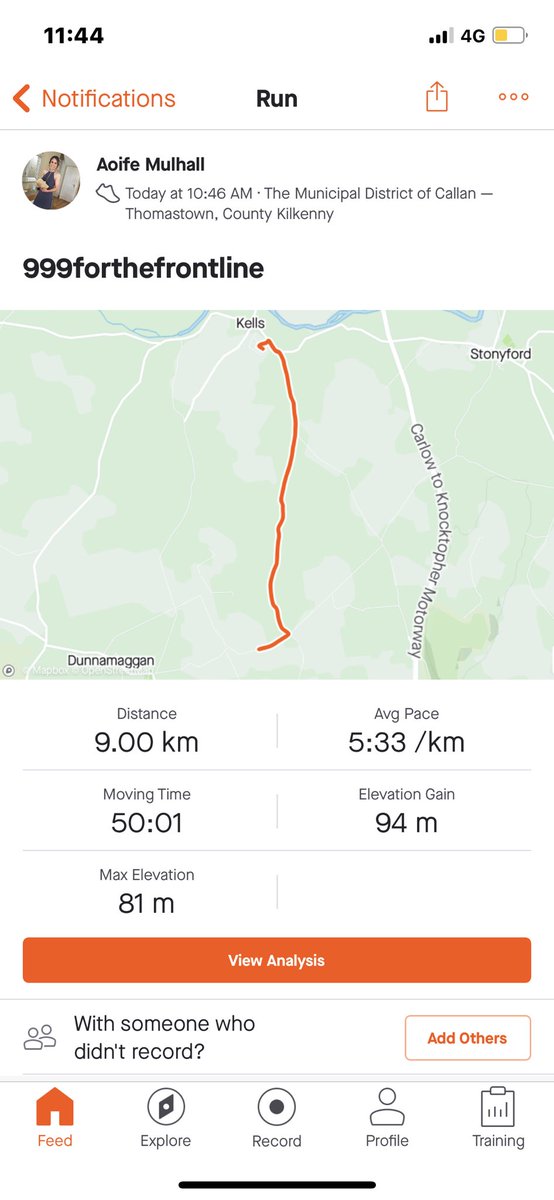 AoifeMulhall38's tweet photo. My 9km run done for the #999forthefrontline fundraiser 🏃‍♀️🎉 link in the @999forfrontline bio to donate to 3 amazing charities, @IrishCancerSoc @Limericksuicid2 @TheMaterFoundat 🤩✨ https://t.co/B7JDA1Ilk0