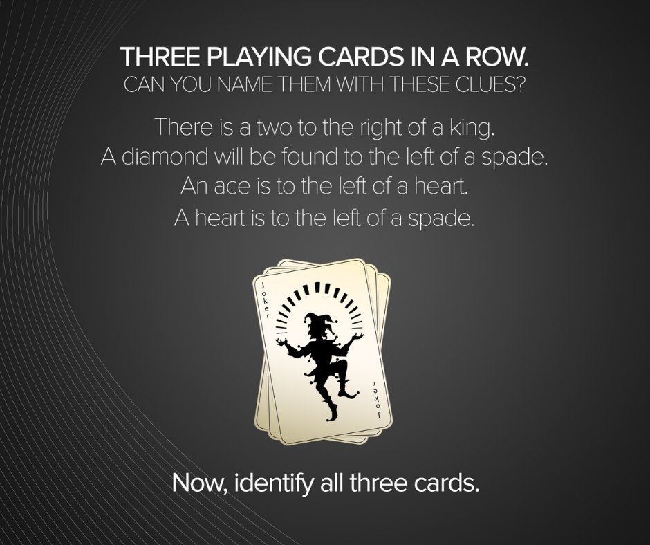 EscRealityprest's tweet photo. It's not a card trick ♠️♦️♥️♣️, just a puzzle to get you thinking. Let us know how you get on 👇👇 #wednesdaymotivation  #staysafe #escapegames  #puzzles https://t.co/Xyn7LQCKyr