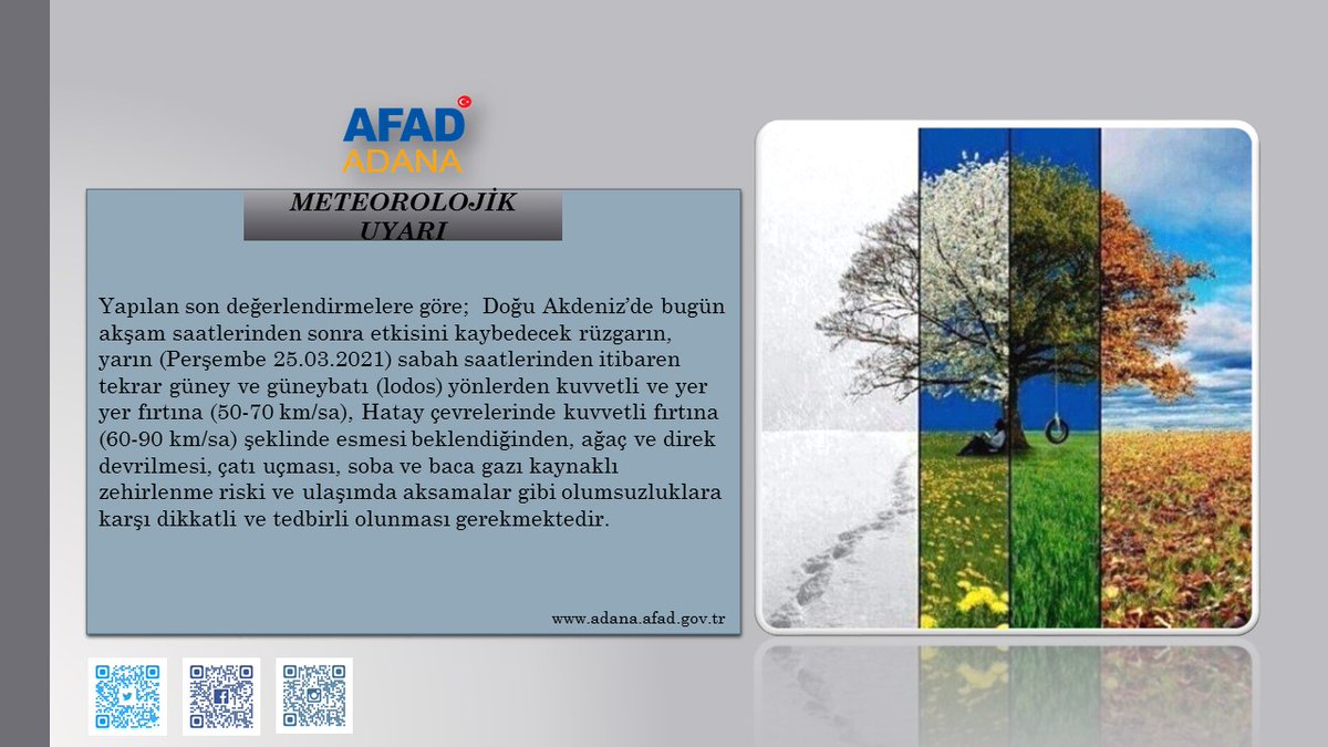 AFAD_Adana's tweet photo. ⚠️Meteorolojik Uyarı ❗

➡️https://t.co/0E67tvTRtg

#AfetlereHazırOl
@TCAdanaValiligi https://t.co/RTL9OMtKsk