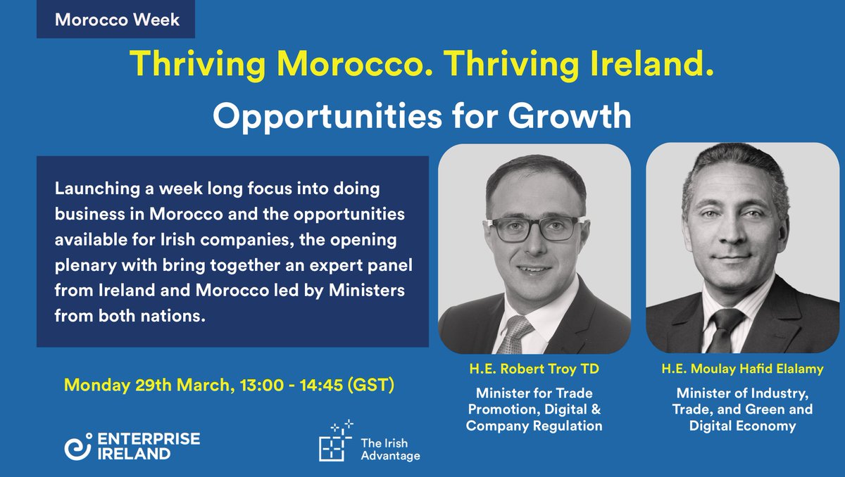 Exploring the business opportunities for Irish companies with Morocco will be the main focus as <a href="/Entirl/">Enterprise Ireland</a> with <a href="/DeptEnterprise/">Department of Enterprise, Tourism and Employment</a>, <a href="/Arabirishchambr/">Arab-Irish Chamber of Commerce</a>, &amp; the Embassy of the Kingdom of Morocco in Ireland launch the opening Morocco plenary session.   Register here: register.gotowebinar.com/register/20524…