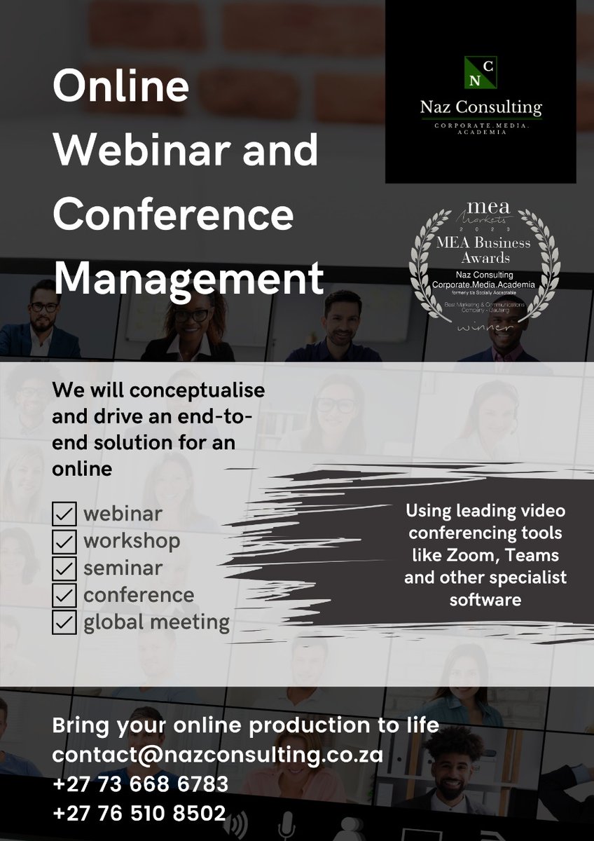 If you're a company / organization looking for a quality online webinar or conference production and experience, then you should be talking to us at <a href="/consultingNaz/">Naz Consulting International</a>. Check poster for details.