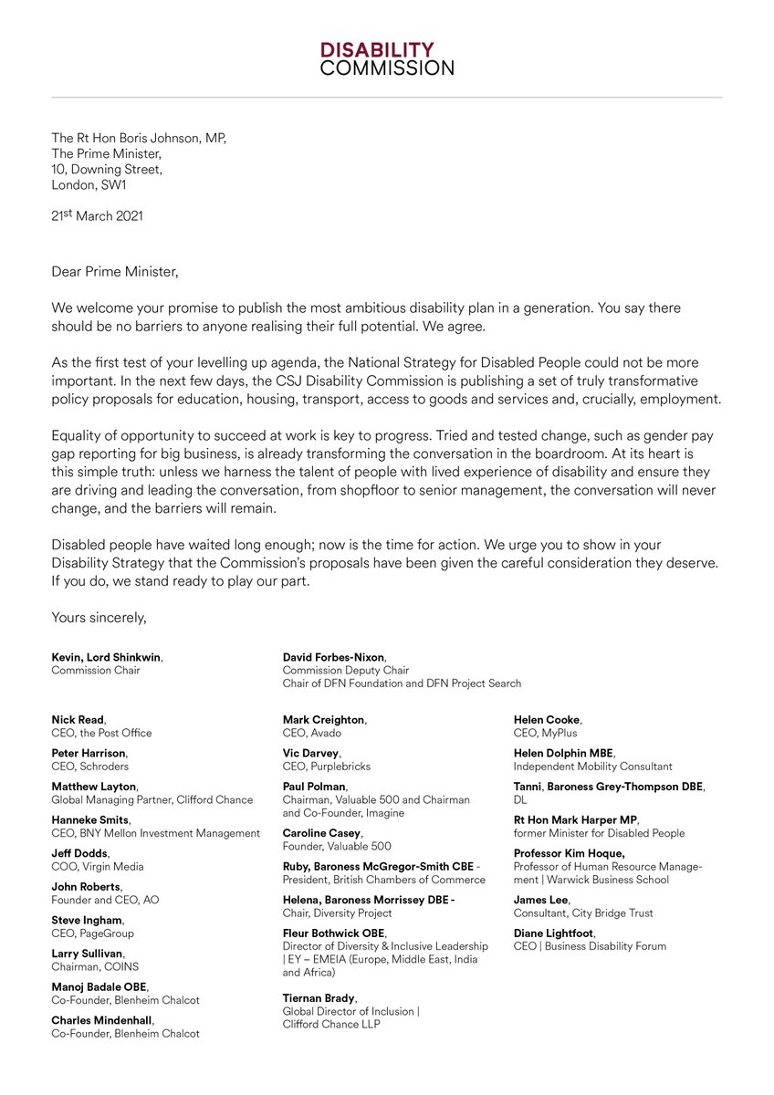David Forbes-Nixon OBE (@dforbesnixon) on Twitter photo Please take a moment to read the CSJ Disability Commission's letter to Prime Minister <a href="/BorisJohnson/">Boris Johnson</a>.
The letter urges that the up and coming Disability Strategy take into account the Commission's proposals.
Please share with your network. Now is the time for action Please take a moment to read the CSJ Disability Commission's letter to Prime Minister <a href="/BorisJohnson/">Boris Johnson</a>.
The letter urges that the up and coming Disability Strategy take into account the Commission's proposals.
Please share with your network. Now is the time for action