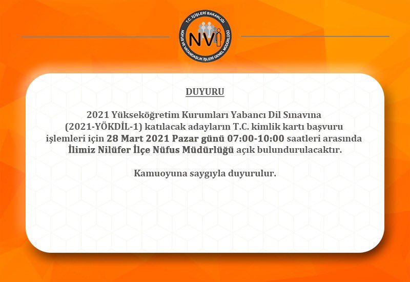 #HayatızınHerAnında 28.03.2021 tarihinde yapılacak olan YÖKDİL sınavına girecek adaylar için Nilüfer Nüfus Müdürlüğümüz pazar günü saat:07.00-10.00 arasında hizmet verecektir. Adaylarımıza başarılar diliyoruz.