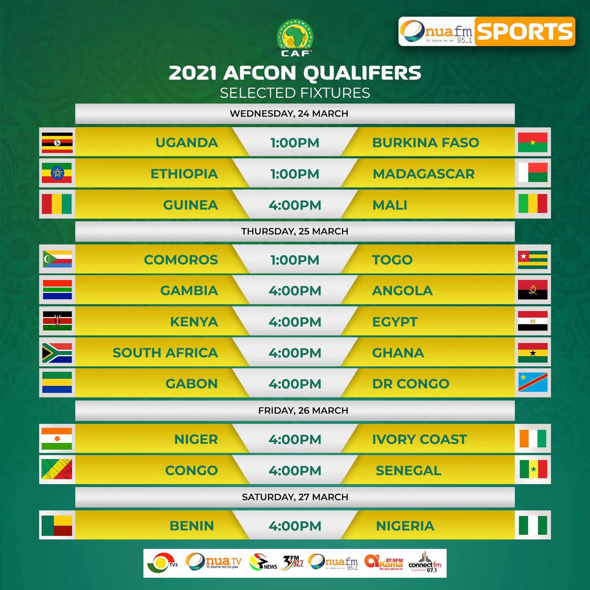 onua951fm's tweet image. The #AFCON2021 Qualifiers return today with some exciting fixtures. 

Follow @3SportsGh for all the updates on the games as they happen. 

#OnuaSports
#3Sports