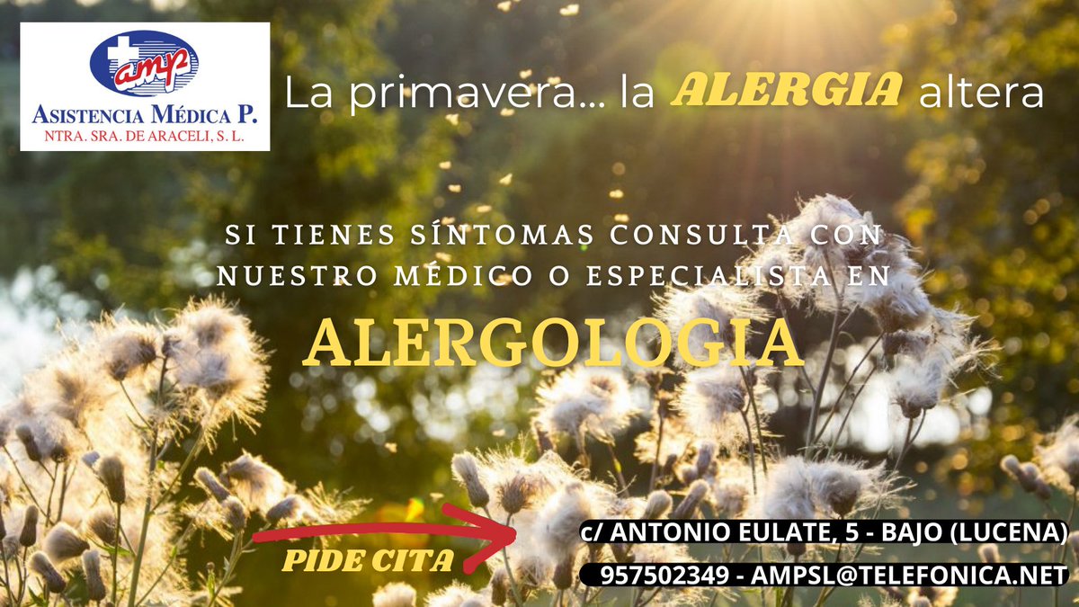 amplucena's tweet photo. Si eres alérgico o tienes síntomas consulta con nuestros médicos o con nuestro especialista en ALERGOLOGÍA.
#Lucena #Sanidad #Salud #Alergología #Alergia #Polen https://t.co/oFrVR9qDZt