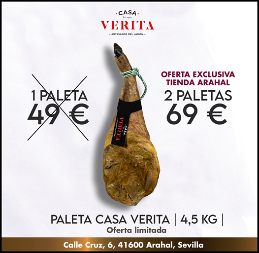 Hoy lanzamos una oferta exclusiva para los clientes de nuestra tienda de Arahal. ¡Dos paletas #CasaVerita de 4,5Kg. por 69€! ¡Pásete por nuestra tienda y disfruta de esta súper oferta! Estamos en la Calle Cruz Nº 6, 41600, Arahal, Sevilla. 
#elmejorjamondelmundo #OFERTA