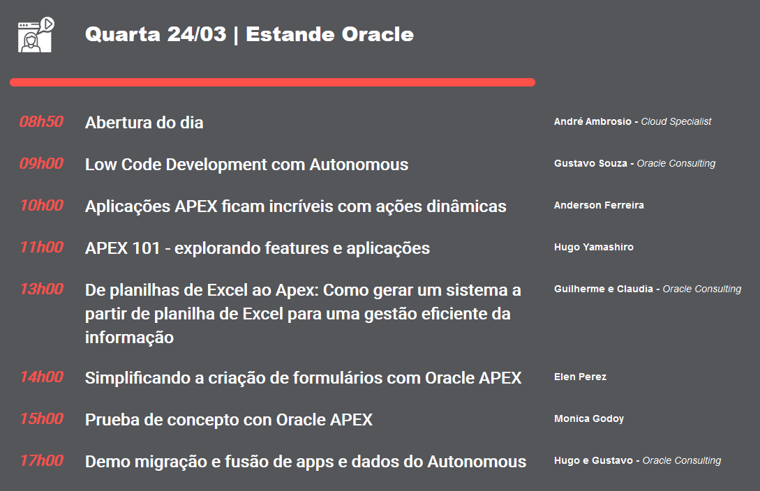 Mónica Godoy #orclAPEX 🚀 (@signal006) on Twitter photo 📣HOJE! ¡HOY!🇧🇷
En el marco de <a href="/TheDevConf/">TDC 2024 🚀🤓🥰</a>, acompañanos en un día dedicado a Oracle APEX.
Registro: promo.thedevelopersconference.com.br/tdcinnovation-…
#TheDevConfOracle #orclapex #LowCode #Oracle 📣HOJE! ¡HOY!🇧🇷
En el marco de <a href="/TheDevConf/">TDC 2024 🚀🤓🥰</a>, acompañanos en un día dedicado a Oracle APEX.
Registro: promo.thedevelopersconference.com.br/tdcinnovation-…
#TheDevConfOracle #orclapex #LowCode #Oracle
