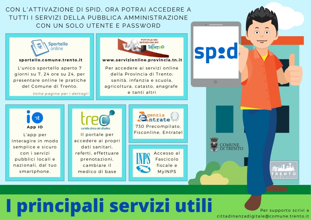 ❓Cosa posso fare con #SPID?
👉🏻Ecco alcuni servizi a cui puoi accedere: Sportello online del Comune di Trento <a href="/comunetn/">Comune di Trento</a> , Portale della <a href="/ProvinciaTrento/">Provincia autonoma di Trento</a> , l'appIO @IOitaliait , il portale #TREC, <a href="/Agenzia_Entrate/">Agenzia Entrate</a> e <a href="/INPS_it/">INPS</a> .
Guarda le nostre video-guide 👉🏻 bit.ly/3f3HSnd