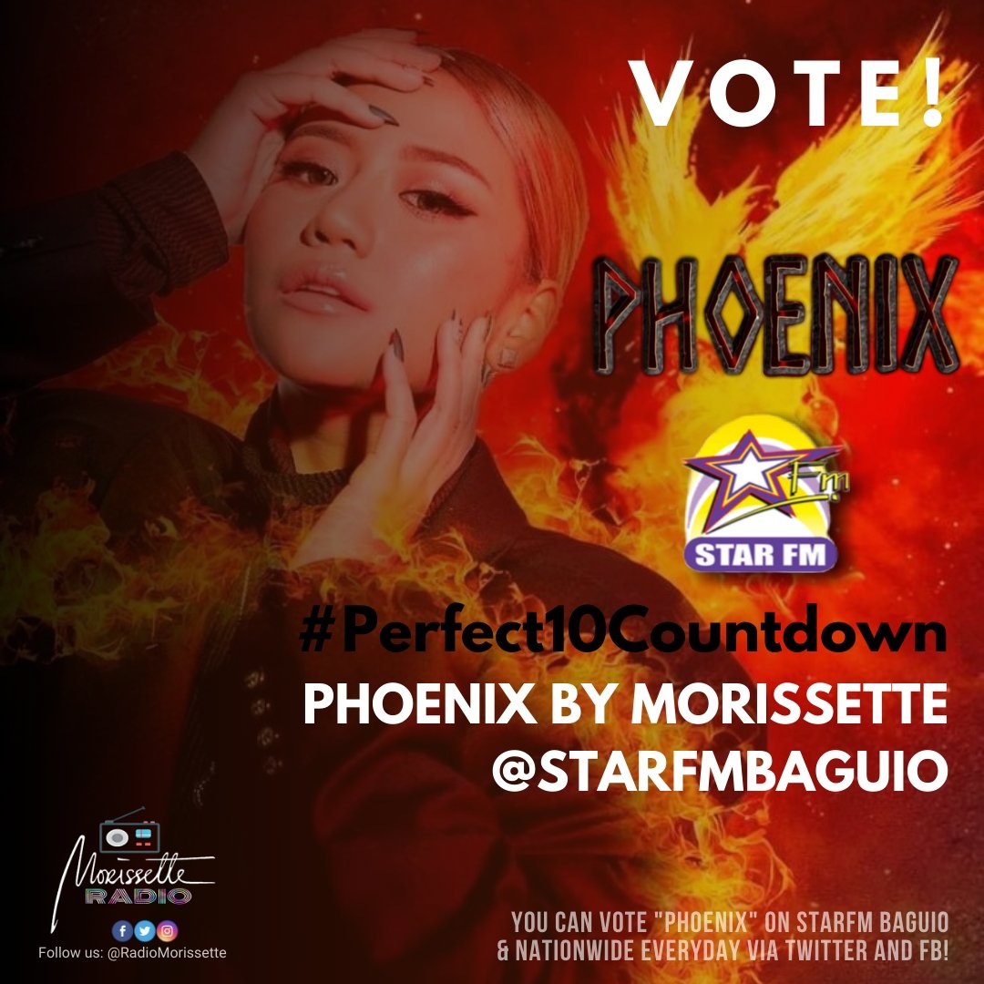 radiomorissette's tweet photo. Vote now for PHOENIX on Star FM Nationwide #Perfect10Countdown 📻!

Baguio 
Dagupan @starfmdagupan_
Roxas @StarFmRoxasDj 
Iloilo @StarFMIloilo
Bacolod @StarFmBacolod
Cebu @StarFmCebu
Davao @starfmdavao
Zamboanga @StarFMZamboanga
Dipolog @StarfmDipolog
Cotabato @starfmcotabato https://t.co/rhnglQit5f