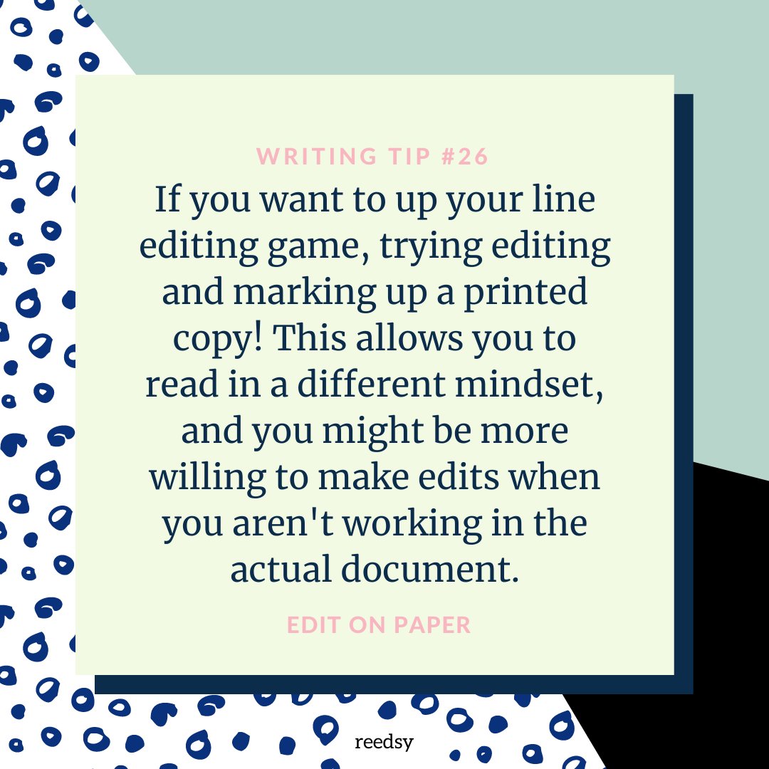 ReedsyHQ's tweet photo. If you're trying to improve your line editing skills, you might find you're more attentive to mistakes on a printed copy, or marking-up a PDF on a tablet! #writingtip #dailywritingtip https://t.co/Acl5x85Oen