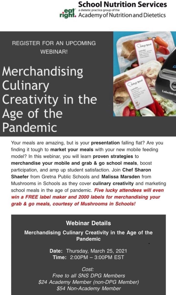 SNSDPG42's tweet photo. Still time to register #SNSDPG42 for exciting webinar sponsored by @MushroomsK12 featuring @ChefSharonSNS + @malissamarsden. FIVE Attendees will receive free label maker - must be present to win. Approved for 1.0 @chefcyndie @eatrightPRO CEU REGISTER now: https://t.co/nQVhv1UlmM https://t.co/36PU9VilKT