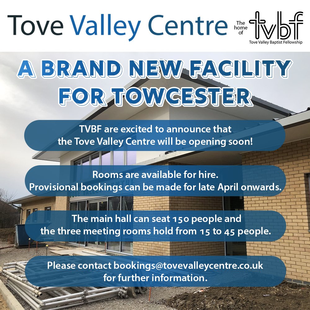 Not much longer to go until our new home is ready!

We are taking bookings now, please email bookings@tovevalleycentre.co.uk for any questions or to make a booking.

You can also visit the newly revamped TVC page on our website: tvbf.co.uk/tvc.