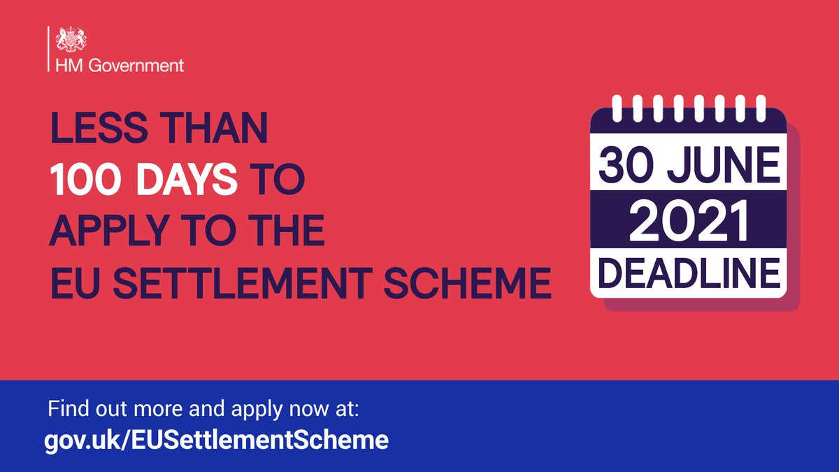 🕐 There are less than 100 days until the EU #SettlementScheme deadline of 30 June 2021.

If you're an EU national and were living in the UK on or before 31 December 2020, apply to continue to work, study, access free healthcare and benefits in the UK 👉 gov.uk/EUSettlementSc…