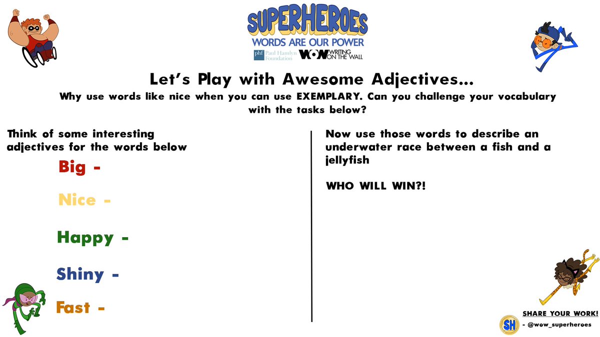 wow_superheroes's tweet photo. Try our resource below inspired by Monday’s top tip! Let’s all use more ambitious words to make our writing better! Comment your favourite adjectives below.
#AdjectivesAreAmazing #Dazzling #Colossal https://t.co/WDQxJFEl8N