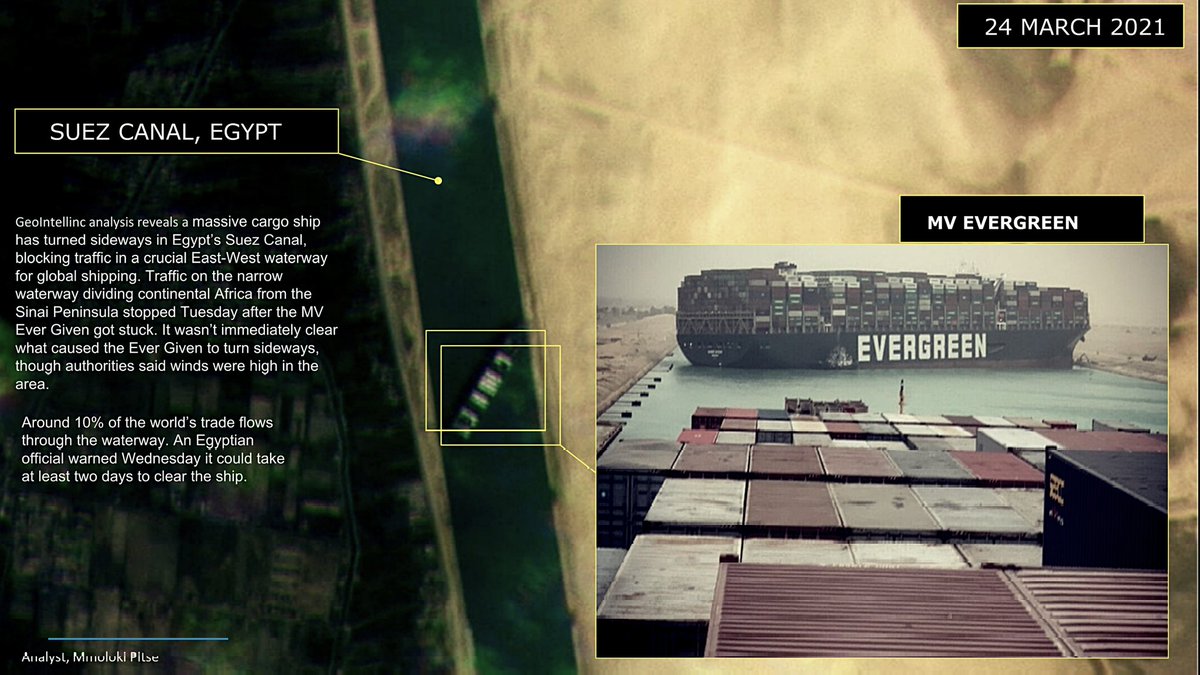 MmolokiPitse's tweet photo. #Pointlocations @GeoIntellnc analysis shows how a massive 400 Mtr. long #Evergreen #cargoship has turned sideways and is now blocking all traffic into #Egypt #Suezcanal threatening to disrupt global shipping system
📸@Skysat #asseenfromspace https://t.co/MfszFAVKxy