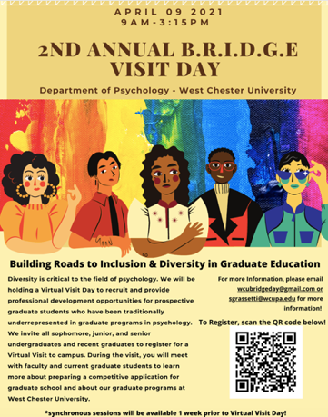 StevieGrassetti's tweet photo. West Chester University's Psychology department is holding a virtual graduate program visit day on 4/9 to help underrepresented students prepare for graduate training in Psychology. Come learn about our APA-accredited PsyD program, General MS program, and I/O MS program: https://t.co/gTJ5G30rlB
