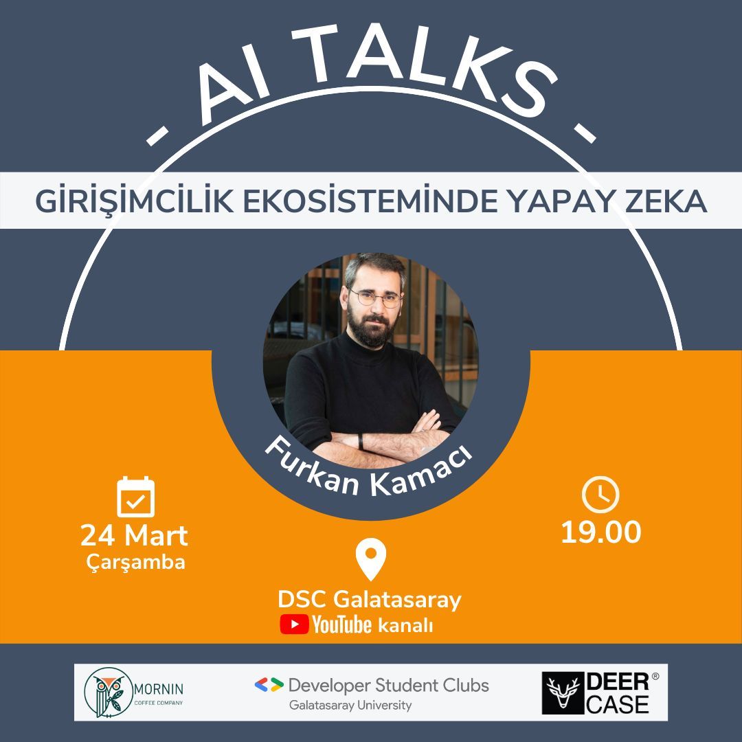 kamaci_furkan's tweet photo. 24 Mart saat 19.00'da, Galatasaray Üniversitesi @Google Developer Students Club'ın düzenleyeceği Girişimcilik Ekosisteminde Yapay Zeka oturumuna katılacağım.

Galatasaray Üniversitesi DSC YouTube kanalından canlı yayını izleyebilirsiniz.

https://t.co/hpub2Oqn43 https://t.co/GkIQ2gyQni