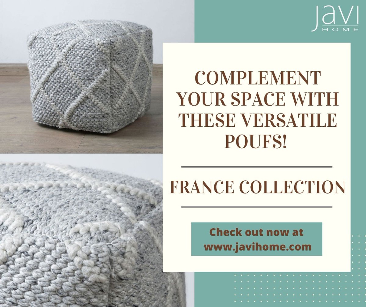 javihome's tweet photo. Javi Home's France Poufs range is another name for luxury. Available in neutral gray shade, they are textural, tonal and efficient in binding a space together. Solid yet soft, they can be utilized for multiple purposes. Check it out now at https://t.co/5I9C88rtBj
#javihome #poufs https://t.co/cKCHL7QrUS
