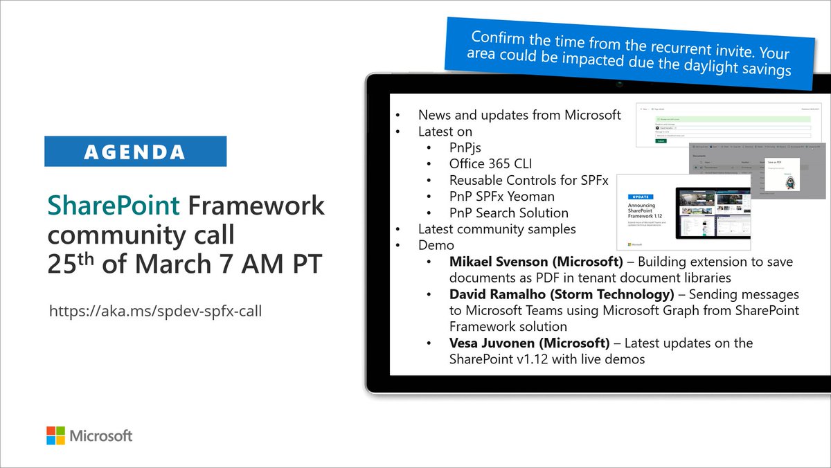 SharePoint's tweet image. 📅 Agenda for the #SharePoint Framework community call 25th of March

✅ News and updates
✅ Demos on #SPFx, #MicrosoftTeams and #Microsoft365dev topics
✅ Demos by @mikaelsvenson, @DavRamalho and @vesajuvonen

...and more!

🤝 Join the call → msft.it/6019VP35h