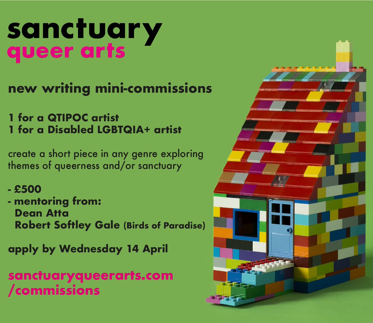 ArtsSanctuary's tweet photo. CALL OUT: 2 x @ArtsSanctuary mini-writing commissions!
1 for a QTIPOC artist + 1 for a Disabled LGBTQIA+ artist
Create a short piece in any genre exploring queerness/sanctuary
£500 + mentoring w/ Dean Atta &amp; Robert Softley Gale, @BOPTheatre
Apply by 14/04! https://t.co/8CmoFOsp0P https://t.co/L7lYhqZzOx