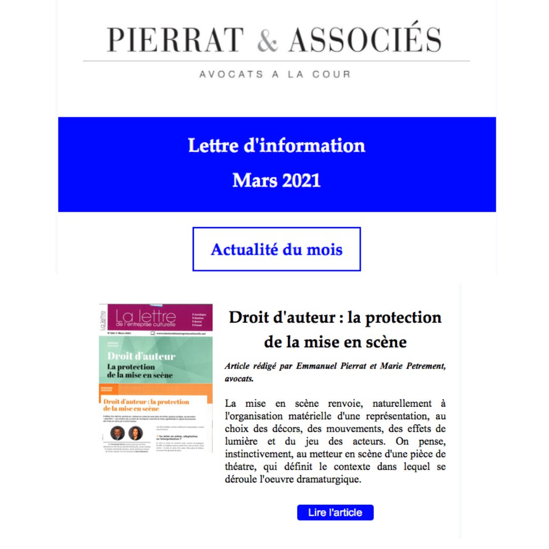 cabinetpierrat's tweet photo. La lettre d’information du mois de mars préparée par l’équipe de Pierrat & Associés est en ligne
#pierratetassociés #cosplay #influenceurs #directiveSMA #droitdesmedias #affairesjuridiciaires #audiovisuel #miseenscène #théâtre #spetaclevivant #droitdauteur #droitdelapresse https://t.co/aRqrcPSP8q