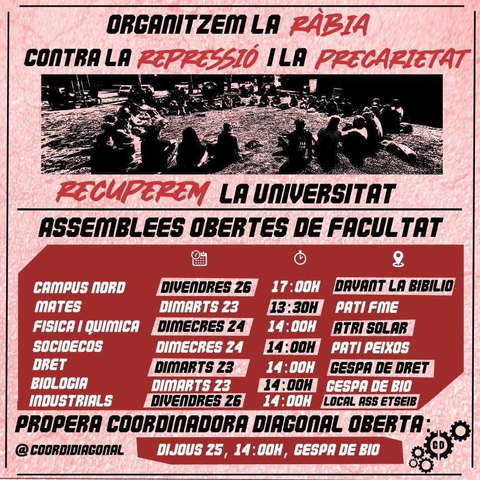 Reactivem les assemblees de facultat! 🔥💪 Comencen les assemblees obertes.

A Campus Nord:

📅 Divendres 26
🕔 17:00h
📍 Davant la biblioteca

Us esperem a totes!