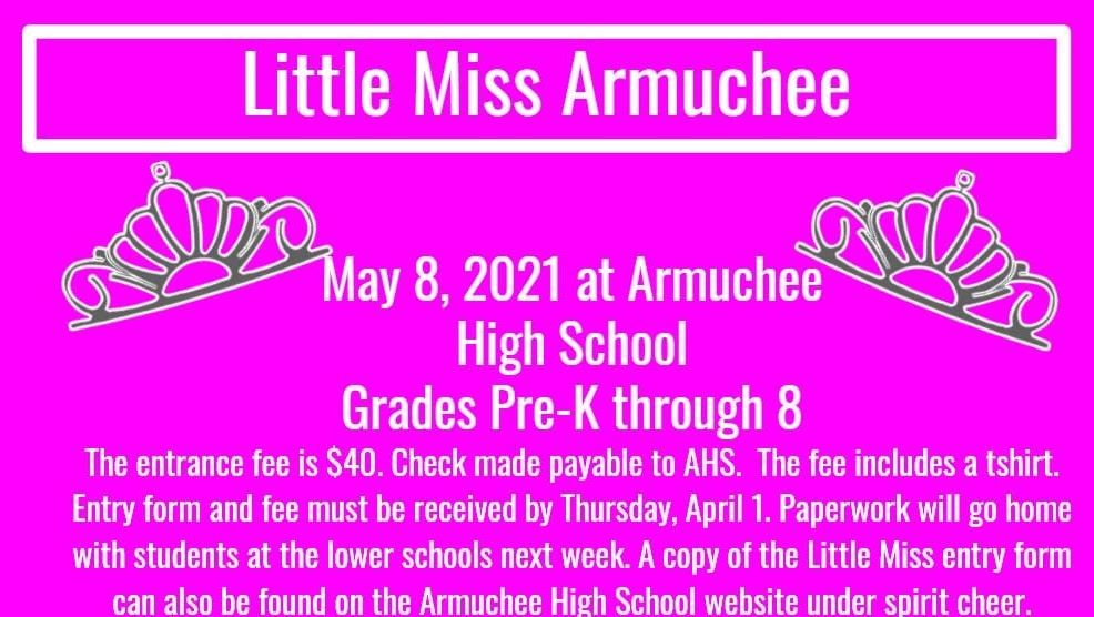 Little Miss Armuchee will be held May 8th at <a href="/ArmucheeHigh/">Armuchee High School</a>! Paperwork can be found on here: sites.google.com/floydboe.net/a…