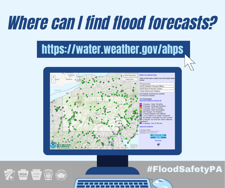 What is my Flood Level? When will the river crest? How high? Get this information and more using the NWS Advanced Hydrologic Prediction Service (AHPS) webpage: go.usa.gov/xQxfS #FloodSafetyPA