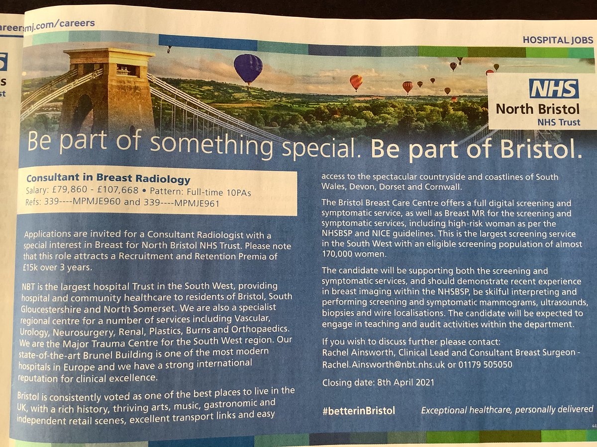 NBT Breast Care Centre (@nbt_bcc) on Twitter photo Weβre looking for two Breast Radiologists to join our team. The Bristol Breast Care Centre provides a symptomatic and screening service under one roof!
apply here π
jobs.nhs.uk/xi/vacancy/916β¦
#radiologist #breastscreening
<a href="/BreastRadiology/">British Society of Breast Radiology</a> <a href="/NorthBristolNHS/">North Bristol NHS Trust</a> Weβre looking for two Breast Radiologists to join our team. The Bristol Breast Care Centre provides a symptomatic and screening service under one roof!
apply here π
jobs.nhs.uk/xi/vacancy/916β¦
#radiologist #breastscreening
<a href="/BreastRadiology/">British Society of Breast Radiology</a> <a href="/NorthBristolNHS/">North Bristol NHS Trust</a>