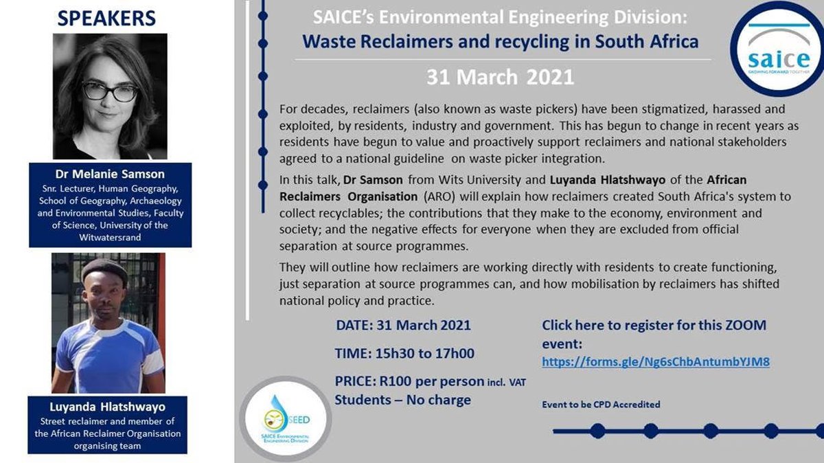UJCivil's tweet photo. #SAICE #EnvironmentalEngineering Division is holding an oline event on #WasteReclaimers and #Recycling in South Africa 
31 March @ 15H30-17H00
Register: https://t.co/i6QzlcuubS

#SAICE #SAICEYM #Engineering #UrbanDevelopement https://t.co/QkBwckfNjO