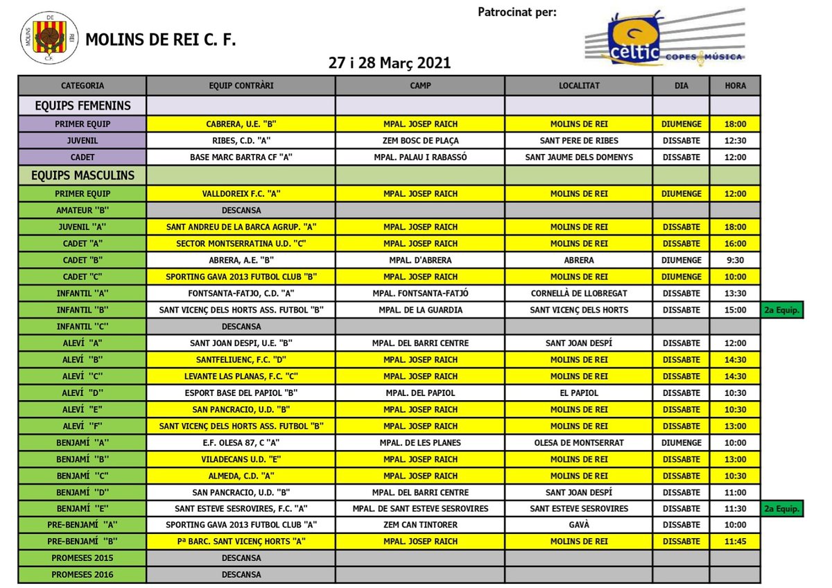 molinscf's tweet photo. #CalendariPartits
📅27-28/3
👉Tots els nostres equips tornen a les competicions de Lliga!
‼️Primer Equip Masculí comença la Copa de #2cat al Raich
‼️Primer Equip Femení debuta també a casa
‼️Partit important del Juvenil Masculí al Municipal
ℹ️Tots els partits oberts al públic https://t.co/eF9n7OFPCr