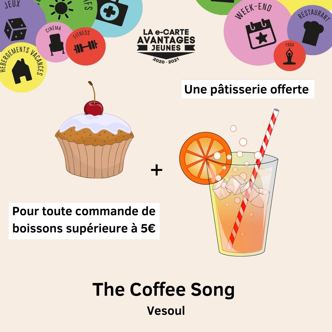 Good morning ⛅️ Fonce chez @TheCoffeeSong  📍 #Vesoul et bénéficie d'une pâtisserie 🍰 offerte pour toute commande de boissons 🥤supérieure à 5 € grâce à ta e-Carte Avantages Jeunes 🚸

➡️ avantagesjeunes.com/avantage/32490