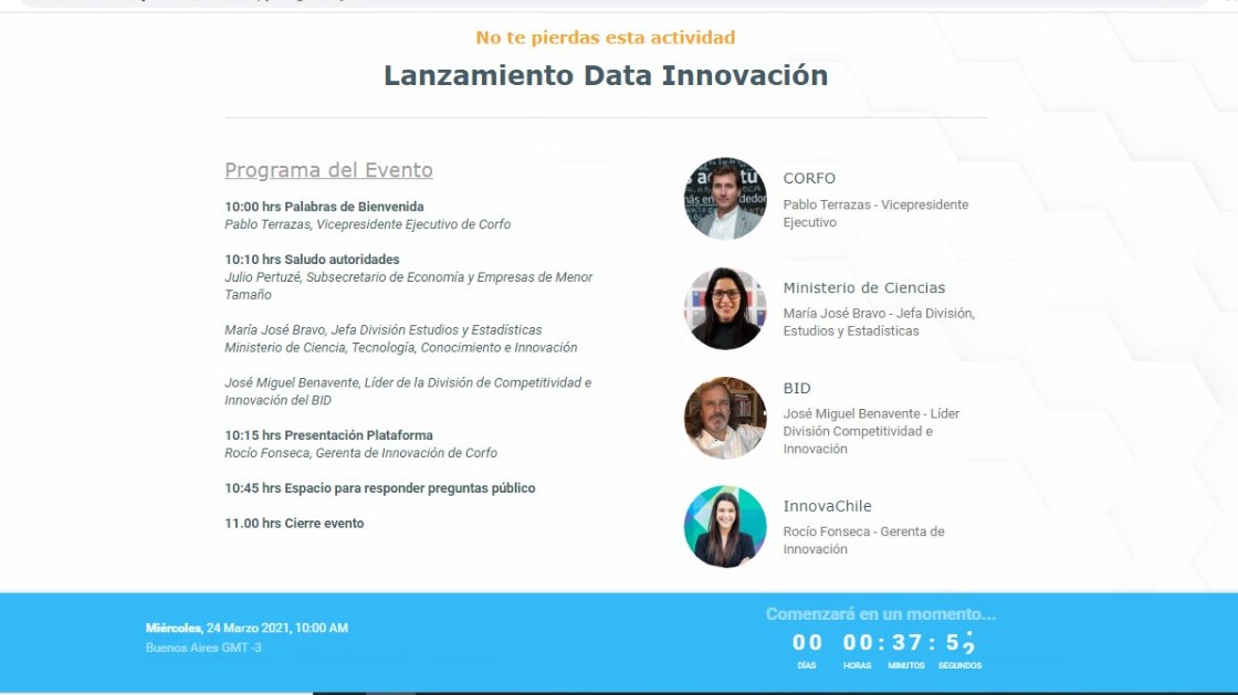 🤓Nos vemos en unos minutos en el lanzamiento de DataInnovacion <a href="/Corfo/">Corfo</a> 
Estaremos en vivo y en directo en event.webinarjam.com/live/19/ko65ru…