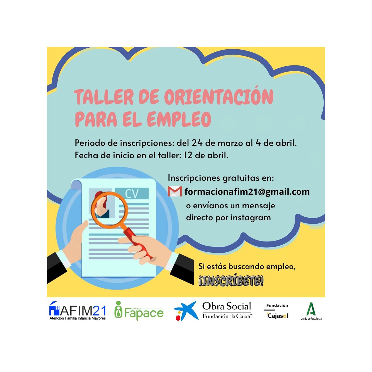 AFIM21_alm's tweet photo. Comienza el plazo de inscripción para el "Taller de orientación para el empleo " que se realizará en Abril desde AFIM21.
¡Inscríbete!
@fapacealmeria @AndaluciaJunta
#empleo #taller #Almeriaempleo #AFIM21 https://t.co/4oDh6nepG5