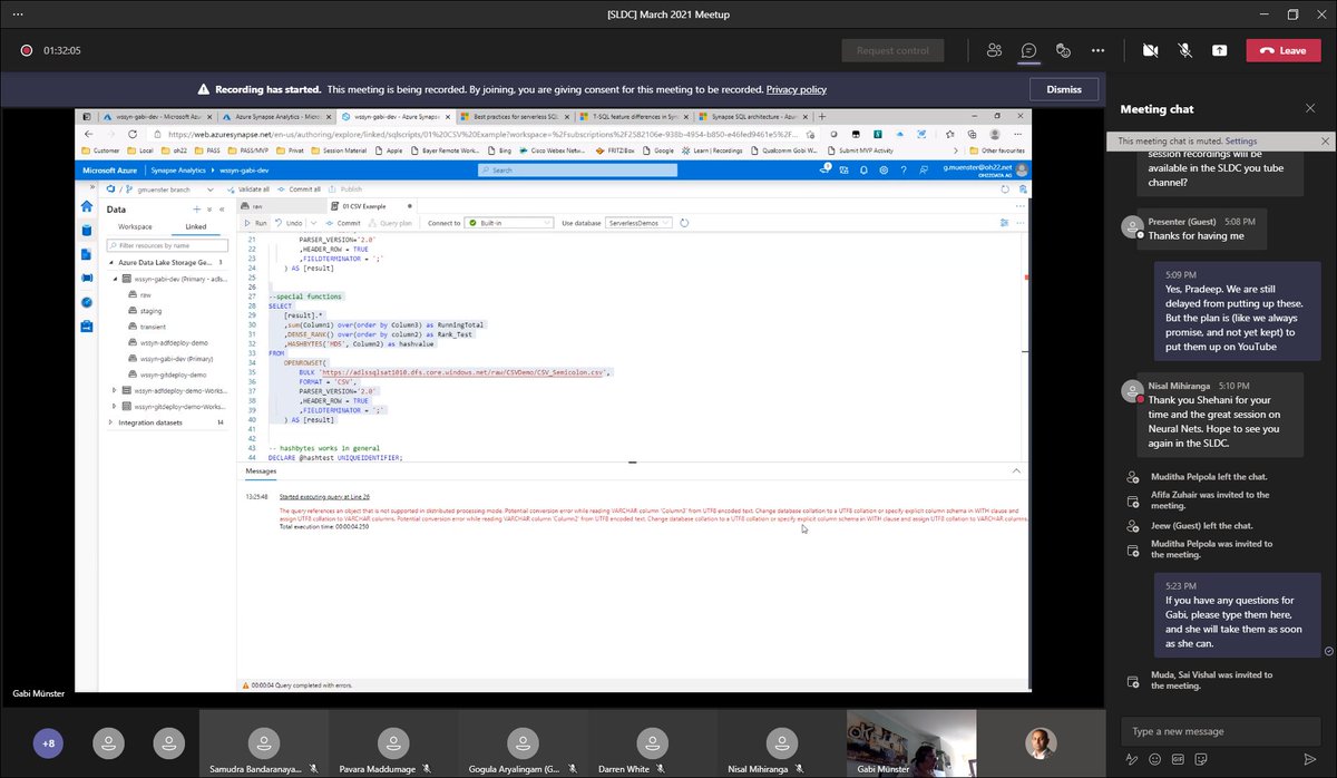 sldatacommunity's tweet photo. Next up we have @SQLMissSunshine taking it away with her session #SQLServerless on #Azure #Synapse. #SLDC https://t.co/GLeLUDgJSK