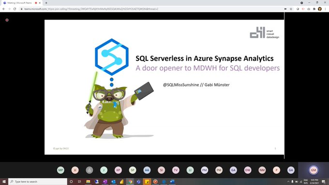 sldatacommunity's tweet photo. Next up we have @SQLMissSunshine taking it away with her session #SQLServerless on #Azure #Synapse. #SLDC https://t.co/GLeLUDgJSK