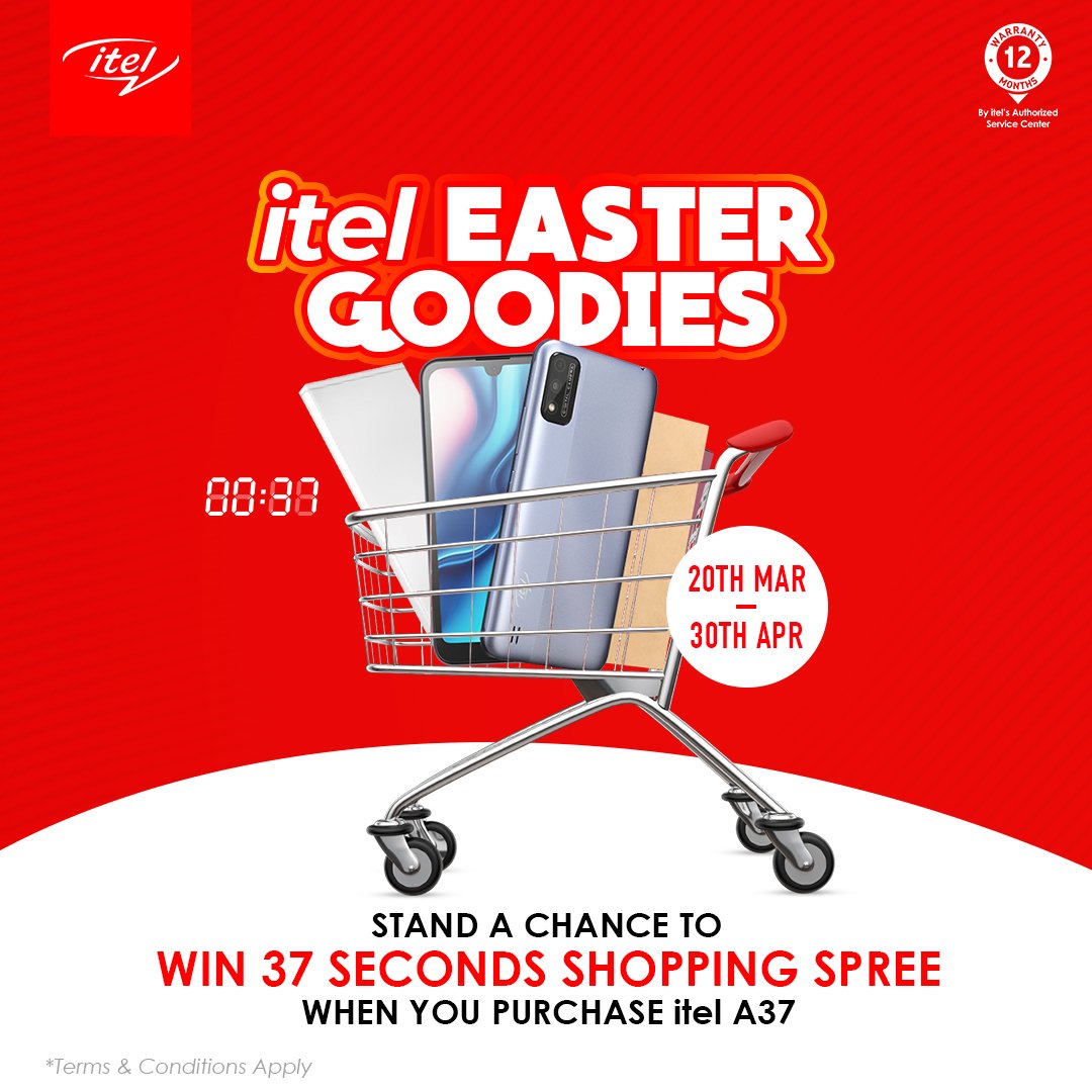 itelNigeria's tweet photo. SHOP FOR FREE AND LET US PAY FOR IT!

The itel Easter Goodies promo is on and you can be one of the 4 people to win a 37-second shopping spree, or among those winning airtime,  goodie bags, and lots more this period! 

#itelEasterGoodies
#YourBestChoice https://t.co/Hl2JwiERnx