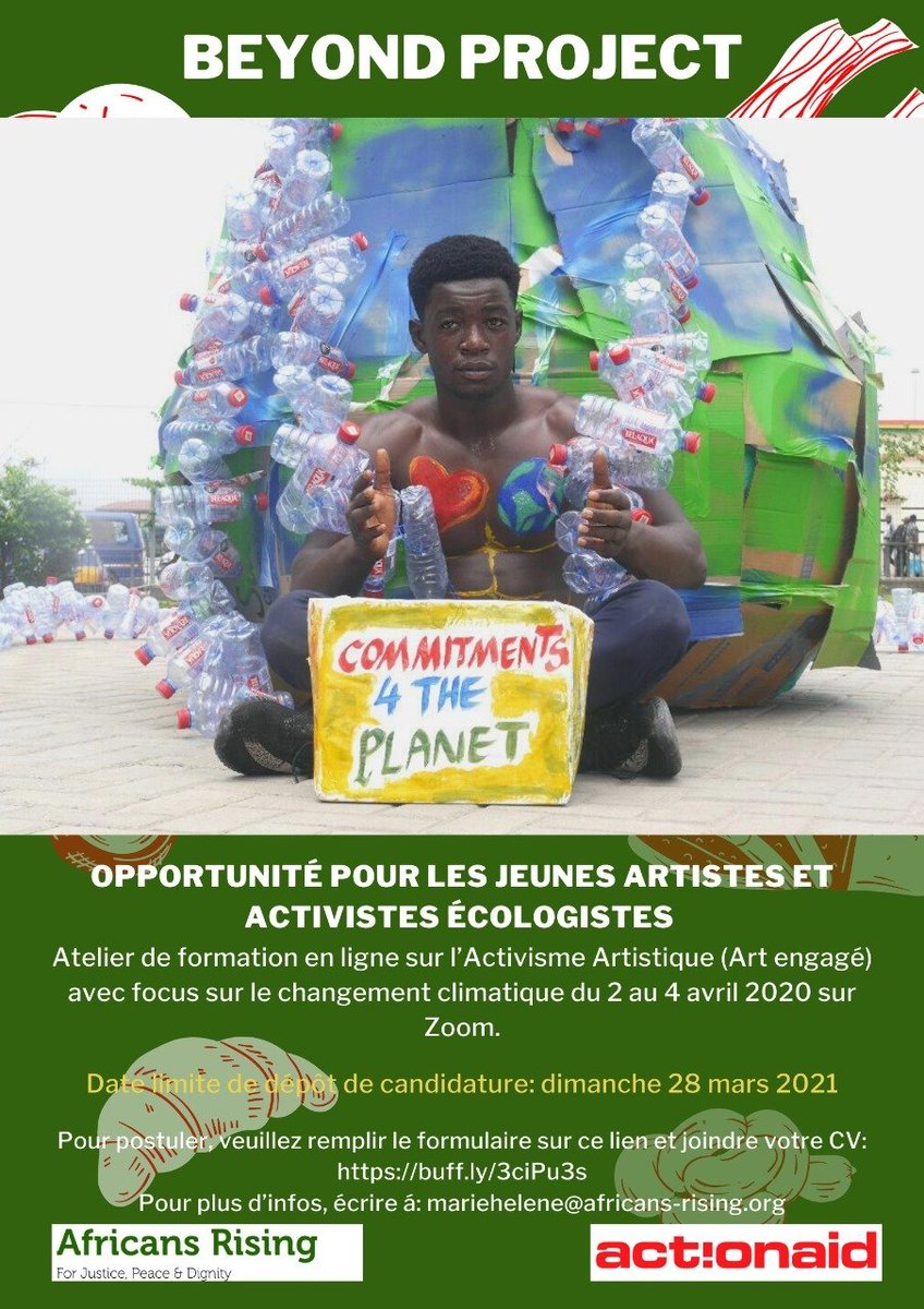 AfricansRising's tweet photo. OPPORTUNITÉ POUR LES JEUNES ARTISTES ET ACTIVISTES!
Atelier de formation en ligne sur l’Activisme Artistique (Art engagé) avec focus sur le changement climatique, du 02 au 04 avril 2021 sur Zoom.
#AfricansRising
#ActionAid
#BEYONDPROJECT https://t.co/z8KRCM2tSk