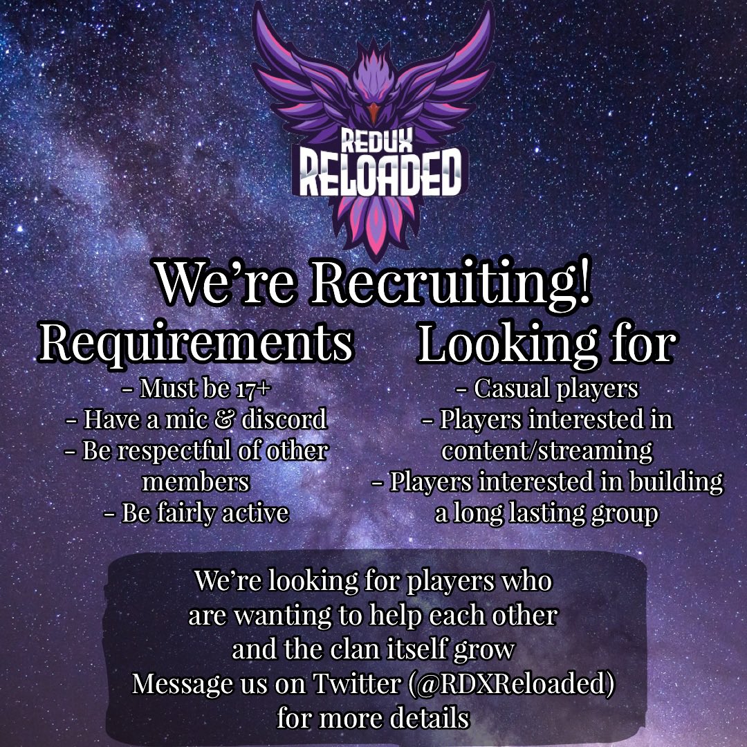 RDXReloaded's tweet photo. Reminder that we’re recruiting! #codclanrecruiting #codclan #clanrecruiting 🤟 https://t.co/DQU5t7Qy74