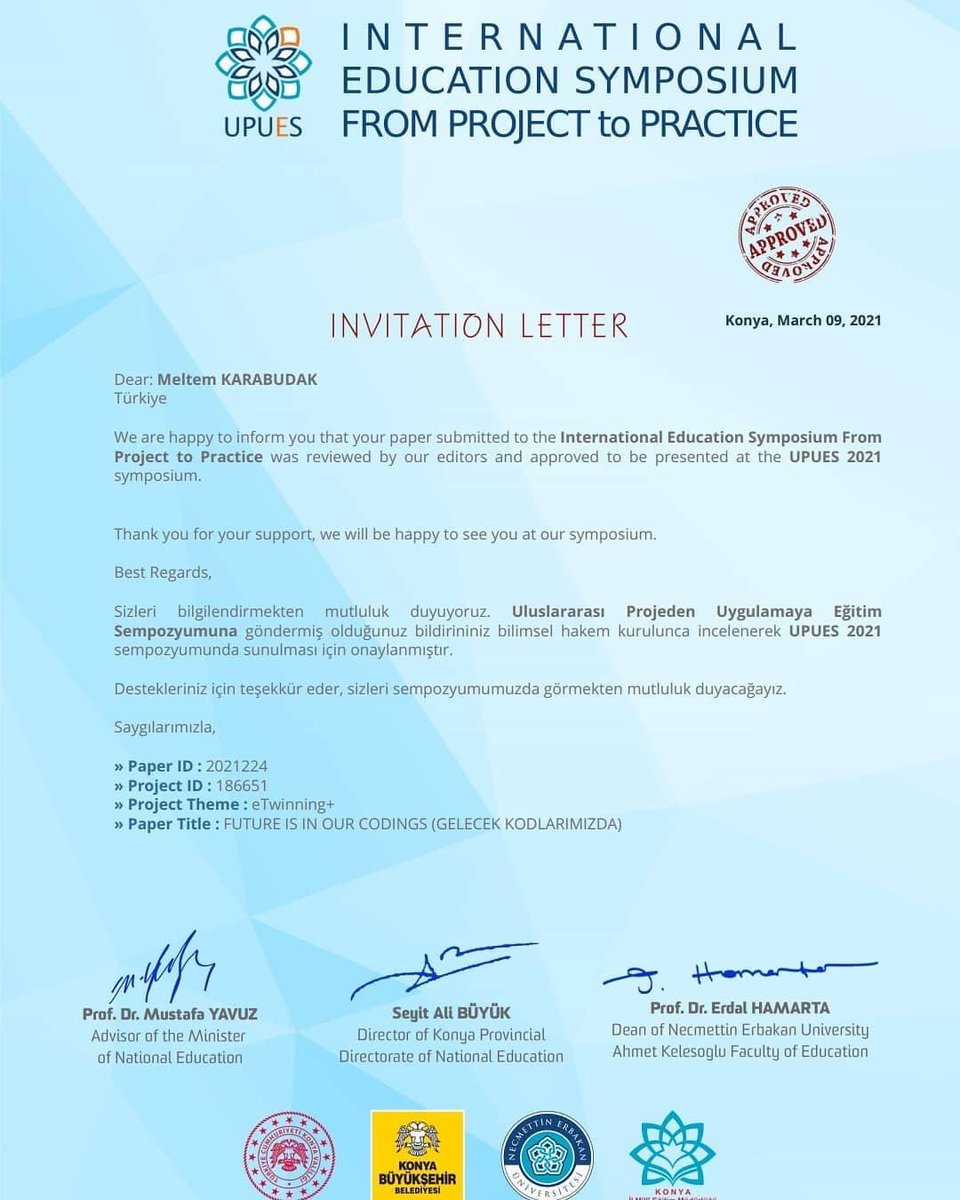 Öğretmenimiz Meltem Karabudak, Gelecek Kodlarımızda projesi ile Konya’da yapılacak Uluslararası Eğitim Sempozyumuna katılmaya hak kazanmıştır. Tebrik eder, başarılarının devamını dilerim. #sapmem 
#sapancailkokulu