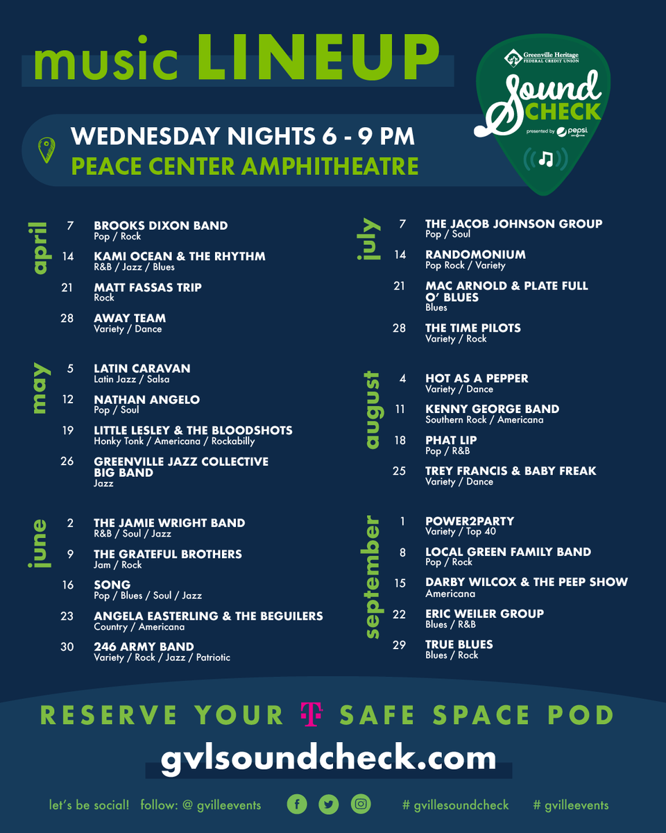 gvilleevents's tweet photo. We’re bringing live music back!🎵
Greenville Heritage Sound Check presented by Pepsi Zero Sugar is here! The brand new socially distanced concert series will be held on Wed. nights starting Apr. 7 @ the PC Amphitheatre! // 🔗https://t.co/7flRlTLYPt #gvilleevents #gvillesoundcheck https://t.co/pcsfzUMlEe