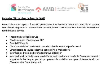 PremsaAMB's tweet photo. [NdP] L’#AMB aposta per l'FP dual, que ofereix garanties d'inserció laboral als joves: el 70% troba feina després de cursar-la

ℹ https://t.co/Jiz6tZG1Sc

@SocioEconAMB
@fundaciobcnfp 
@FBertelsmann 
@Alianzafpdual 
#FProAMB
#FProfessional
#MetropolisBarcelona https://t.co/YoUoluAGAv